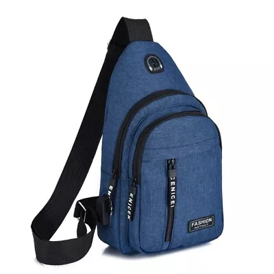 Blue USB Port Backpack Men Shoulder Bag Sling Crossbody Chest Oxford Satchel • $5.69