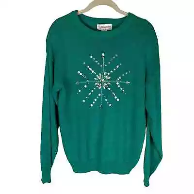 Vintage 80s Green Crewneck Sweater Snowflake Bling Design Shoulder Pads • $28