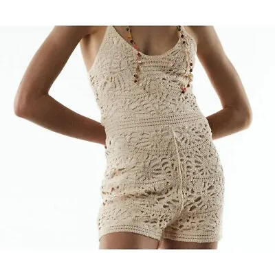 ZARA Womens CROCHET Romper M PLAYSUIT LACE MACRAME CREAM ECRU Tank Sleeveless • $26.77