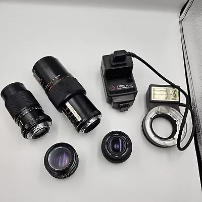 Camera Lenses Lot Of 4 Canon Vivtar Minolta & A Macro Flash ~ UNTESTED~AS-IS • $50