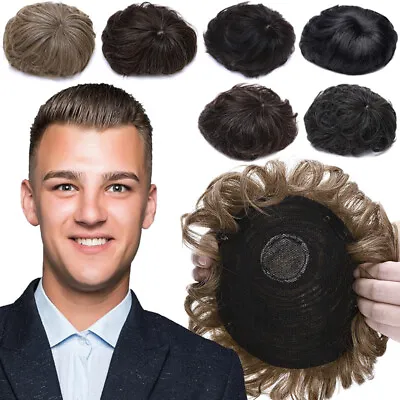 Mens Human Hair Toupee Clip In Top Mono Real Remy Hair Topper Hairpiece For Men • £39.01