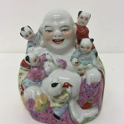 A Lovely Famille Rose Painted Porcelain Laughing Buddha With 5 Children B37 • £149.99