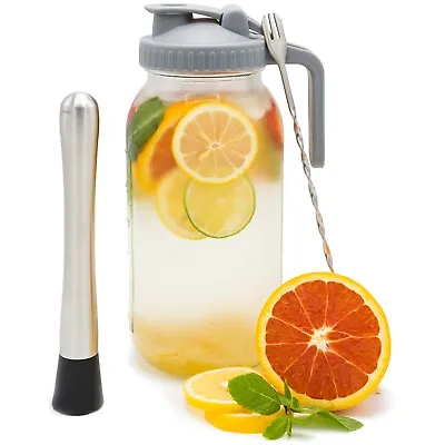 Glass Mason Jar Pitcher With Lid 64oz With Mixing Spoon And Muddler Set  • $24.99