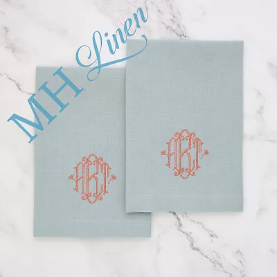 Set Of Two Monogram ABT Guest Towels In Ciel With Rust Thread Embroidery • $30