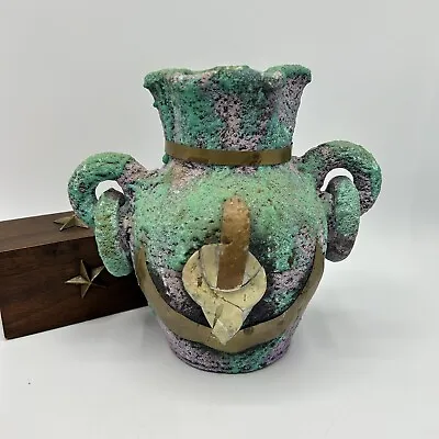 Vtg Mexican Pottery Teal Purple Mixed Metal Calla Lily Vase Brass Copper • $28