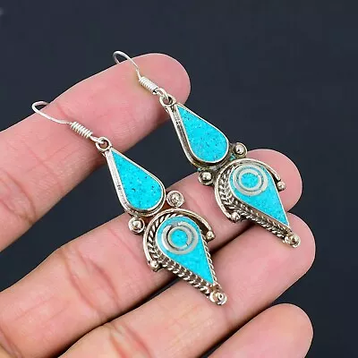 Tibetan Turquoise Gemstone Handmade Drop Dangle Earrings Jewelry LG-189 • $6.99