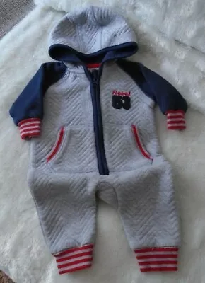 Hooded Romper Suit Grey Blue & Red Zip Up Primark 0/3 Months Baby Boys • £8