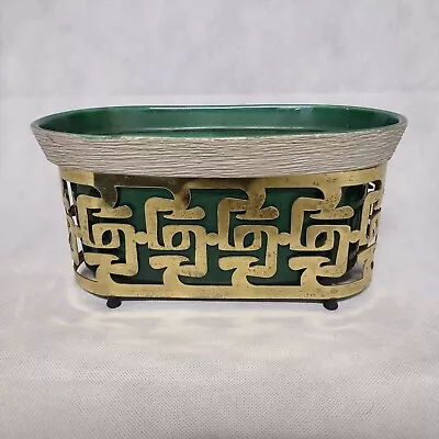 Miramar Of California Pottery Planter Green In Gold Metal Stand 103 1952 Oval • $39.95