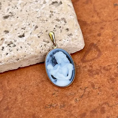 14KT Yellow Gold Mother & Baby Blue Agate Cameo Pendant NEW Sentiment 22mm • $214.99