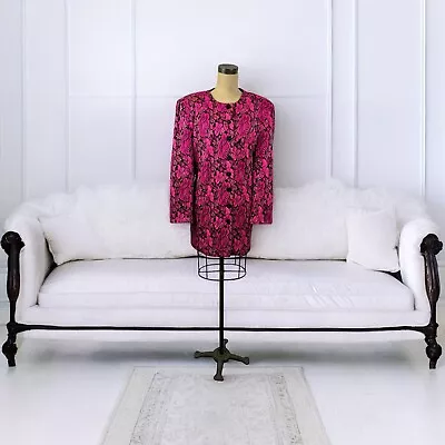 VTG Jacket Blazer Button Up Pink Black Knit Metallic Handmade Floral Glam Size L • $39.99