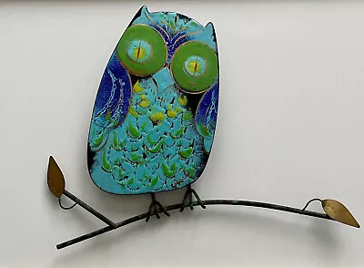 Curtis Jere Enamel Green/Blue/Yellow Wall Sculpture Owl On Branch Signed. • $450