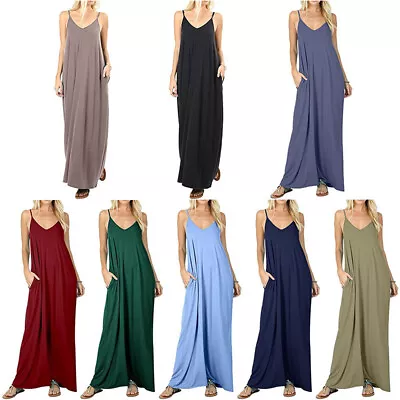 $26.11 • Buy New Women V Neck Sundress Dress Maxi Tank With Pocket Dress  Beach Soft S~XXl