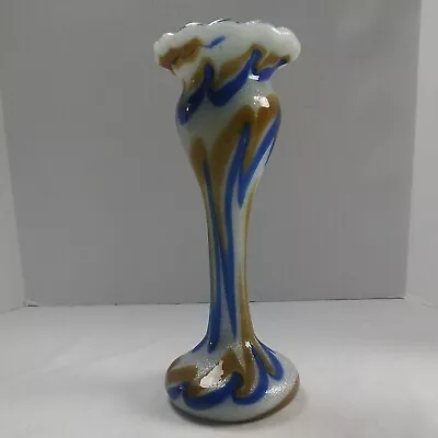 Italian Hand Blown Glass Vase Mid-century Vintage White Spiraling Blue Caramel • $24.99