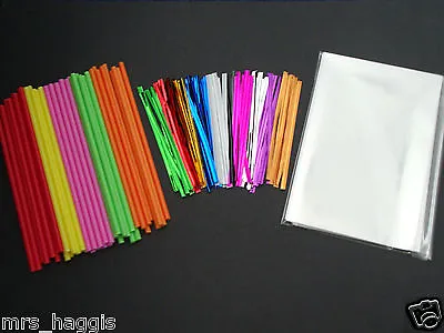 50 X 6  PASTEL MIXED COLOUR CAKE POP KIT STICKS CELLO BAGS & METALLIC TWIST TIES • £5.25