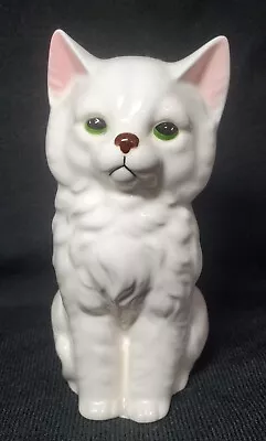 White Ceramic Cat Statue Green Eyes 5 1/2   Tall • $6.99