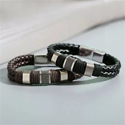 Men's Black Vintage Leather Bracelet Gift For Dad Boyfriend Lover Mens Bracele • £3.96