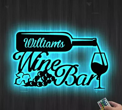 Custom Wine Bar Metal Wall Art LED Light Personalized Wine Bar Name Sign Decor • $136.99