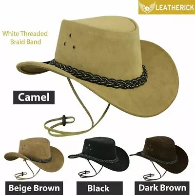 Australian Western Aussie Style Real Leather Cowboy Bush Hat With Chin Straps • £17.99