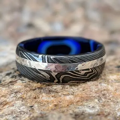 Damascus Steel Ring 14k White Gold Wedding Band With Inside Sapphire Blue Ocean  • $602