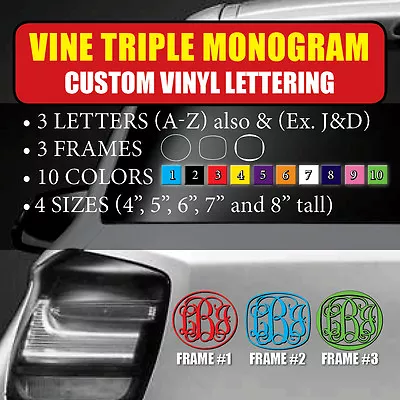 Vine Triple Monogram Custom Vinyl Lettering Text Initial Letter Decal Sticker • $7.99