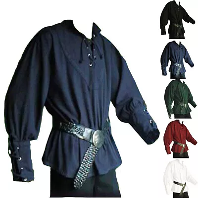 Mens Medieval Renaissance Pirate Shirt 18th Century Long Sleeve T-Shirt Costume • £20.79