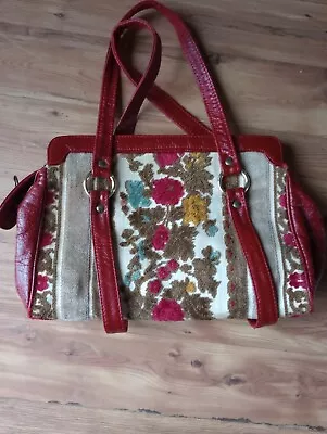 Vintage Tano Of Madrid Carpet Brocade  Bag Purse Leather Trim Maroon  • $10