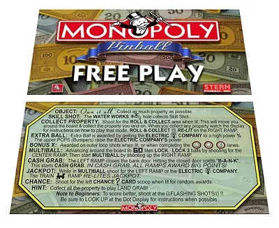 Stern Monopoly Pinball Custom Apron Instruction Cards • $17.50