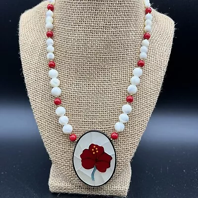 Lee Sands Red Poppy Flower Mother Of Pearl Inlay Pendant Beaded Necklace • $32