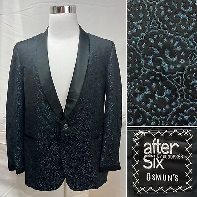 Vintage After Six Black Blue Satin Brocade One-Button 44L Tuxedo Blazer Jacket • $92