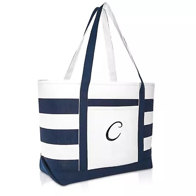 DALIX Premium Beach Bags Striped Navy Blue Zippered Tote Bag Monogrammed A-Z • $24.99