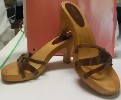 Mia Women's Leather Wooden Slip On Shoes Clogs Platform Heel Size 10M • $29.99
