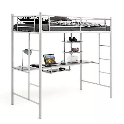Metal Bunk Bed W/Desk Shelves And Safety Guardrail 2 Ladders Loft Bed Frame • £179.95