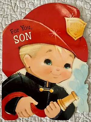 Vintage Valentine Boy Fireman Fire Hose Hat Die Cut Greeting Card 1960s 1970s • $4.43