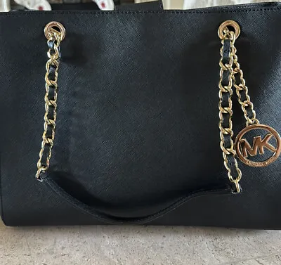 Michael Kors Black Leather Handbag/tote With Gold Chain • $69.99