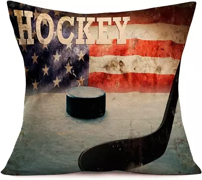 Professional Title:  Vintage Hockey Sport Pattern USA Flag Patriotic Throw Pillo • $15.70