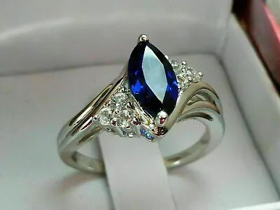 2.20Ct Marquise Cut Simulated Sapphire Wedding Ring 14K White Gold Plated Silver • $97.49