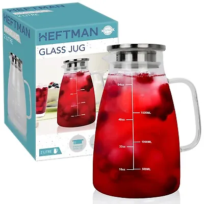 HEFTMAN 2L Glass Jug Pitcher Lid Heat Resistant Borosilicate Cocktail Water Hot • £14.69