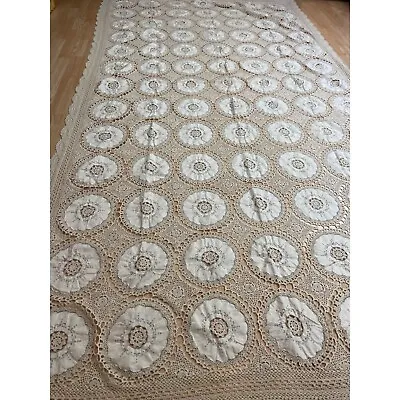 Vintage Crocheted & Cotton Fabric Bedspread /Tablecloth Color Light Beige • $119