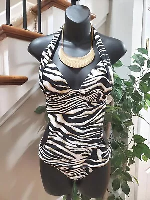 Apollo Womens Black White Nylon Halter Neck Sleeveless 1 Piece Swimsuit Size XL • $28