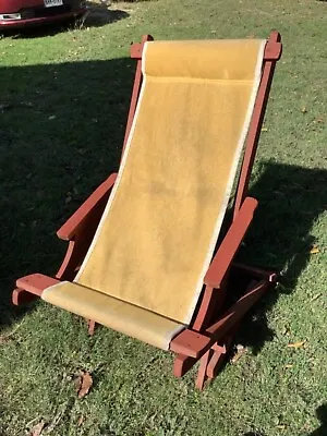 Vtg Beach Sling Chair Red Wood & Canvas Deck Beach Pool Lounge Chair  Folding • $149.99