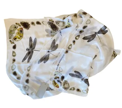 $420 • Buy Alexander McQueen Silk Scarf NWT, Gift Box Cream Dragonfly Design 130cm Square