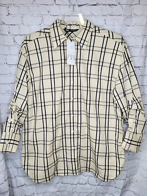 Zara Beige Navy Relaxed Back Vent Plaid Shirt Long Sleeve 100% Cotton S • $38.99