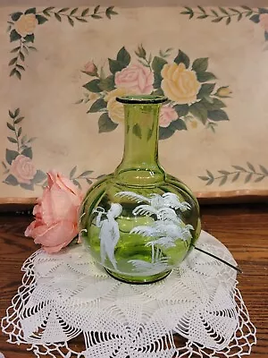 Vintage Green Hand Blown Glass Hand Painted Mary Gregory Vase • $45