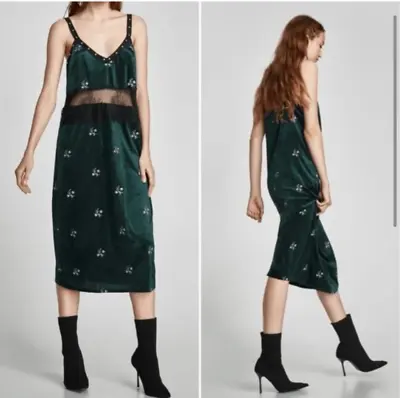 Zara Trafaluc Womens Green Velvet Flower Embroidered Midi Dress Lace Halter S • $22.40