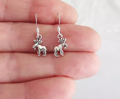 Very Small Sterling Silver 12mm Moose Miniature Dangle Earrings • $16.61