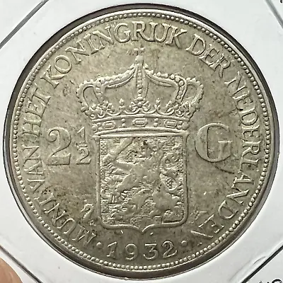 1932 Netherlands  Silver 2 1/2 Gulden Large Crown • $39.99