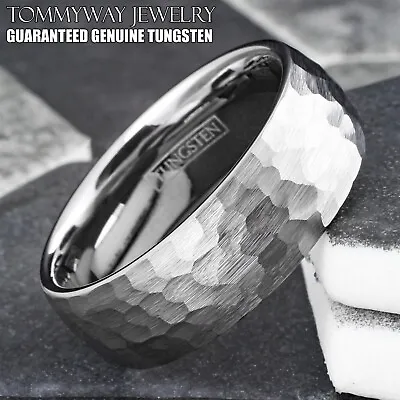 Silver Tungsten Carbide Hammered Brushed Finish Men's Wedding Band Ring • $14.99