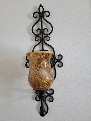 $49.99 • Buy Pair Of Bronze Tone Metal Scroll Candle Holders Wall Sconces With Glass Cover