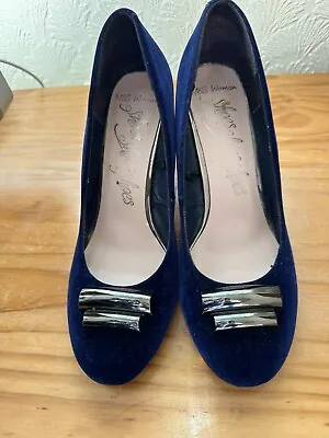 M&S Velvet Blue Heeled Ladies Shoes Size 6 Decorative Double Bar To Front • £9