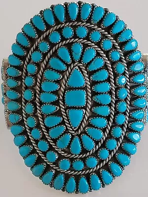 Old PAWN Vintage Navajo NICKEL Silver Petit Point Block Turquoise Cuff Bracelet • $62